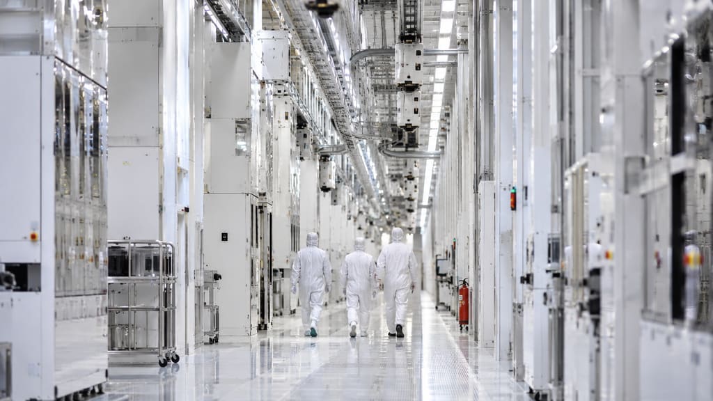 Illustration: a bright semiconductor fab corridor